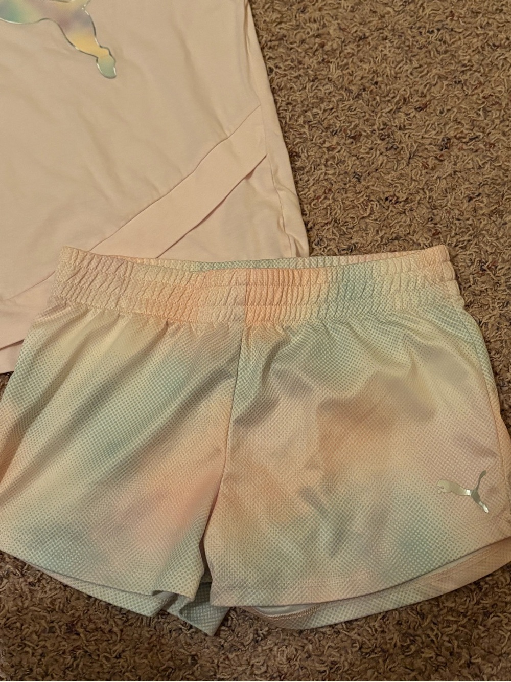 Puma Pastel Pink Tee with Multicolor Pastel Tie-Dye Shorts - Picture 2 of 4